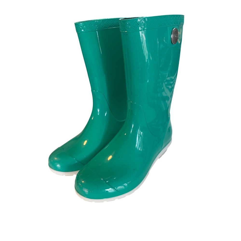 UGG Shaye Tall Rain Boots Teal Green Rubber Waterproof Glossy Womens Size 5